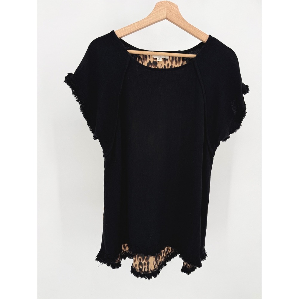 Umgee USA Women's Black Leopard‎ Print Trim Fringed Linen Blend Top Tunic Size S